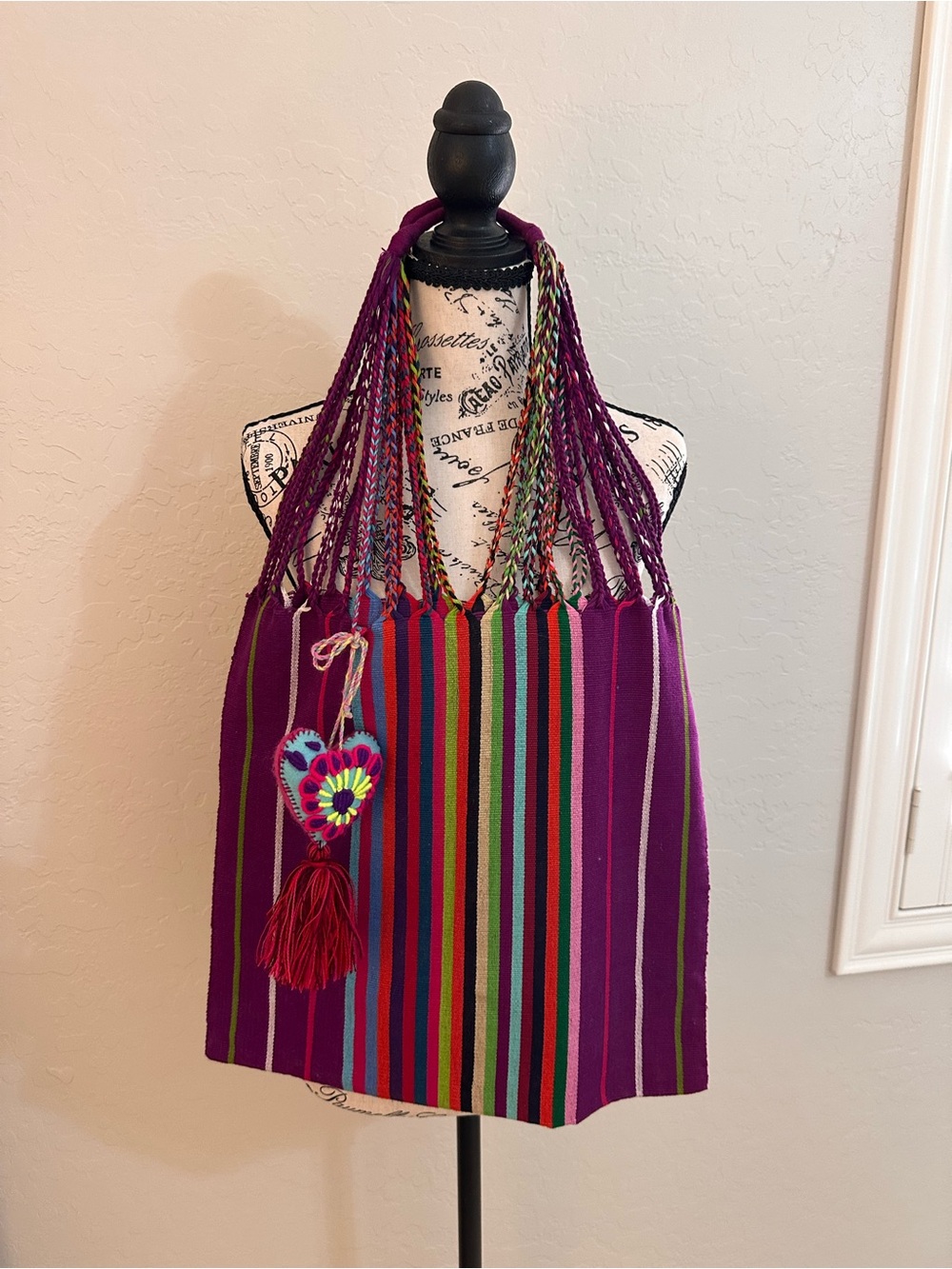 Source Unknown Purple Multi-Color Striped Woven Tote Bag